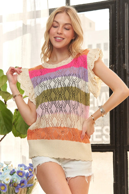 ADORA Eyelet Sleeve Multi Color Crochet Top