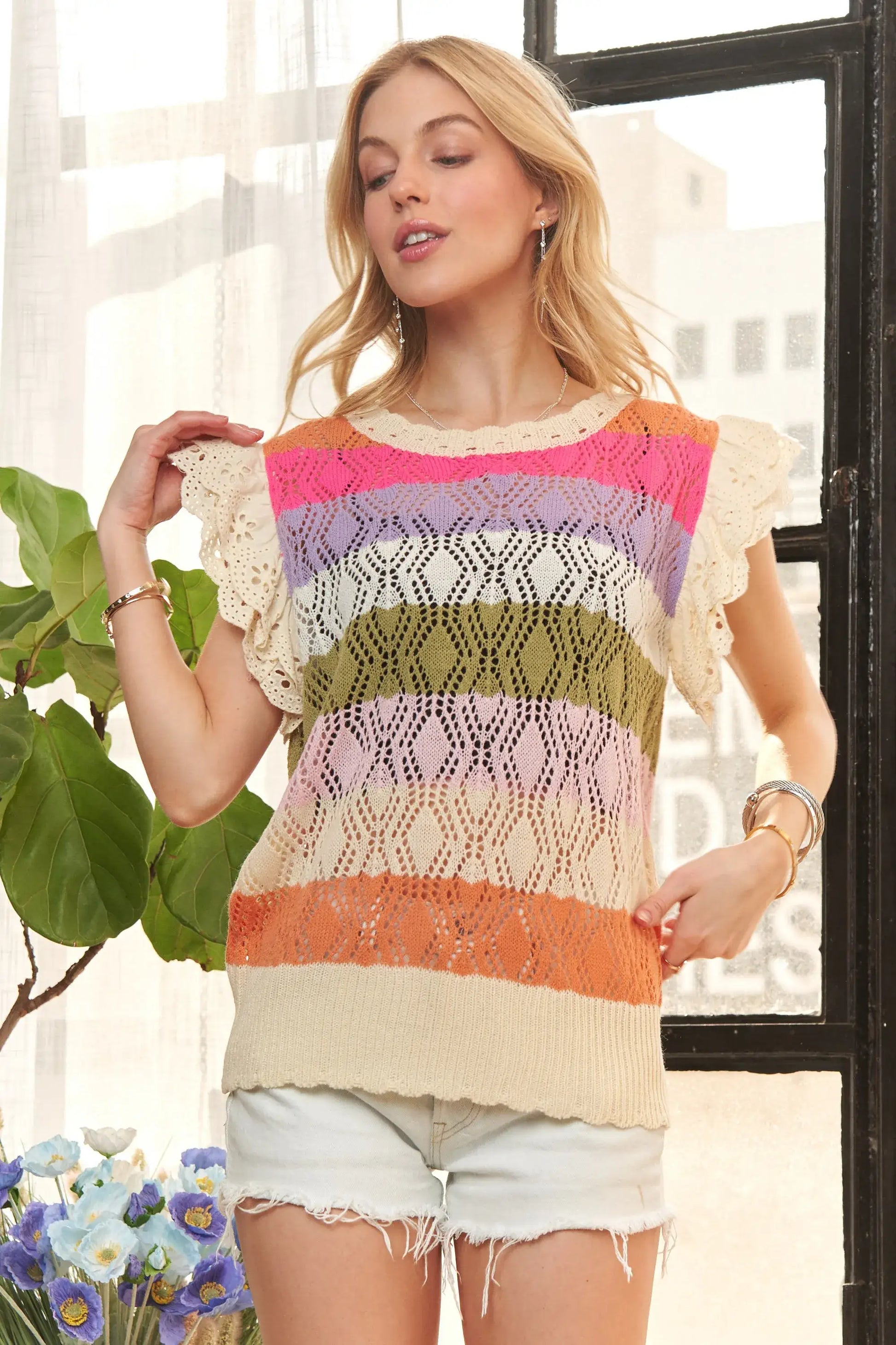 ADORA Eyelet Sleeve Multi Color Crochet Top