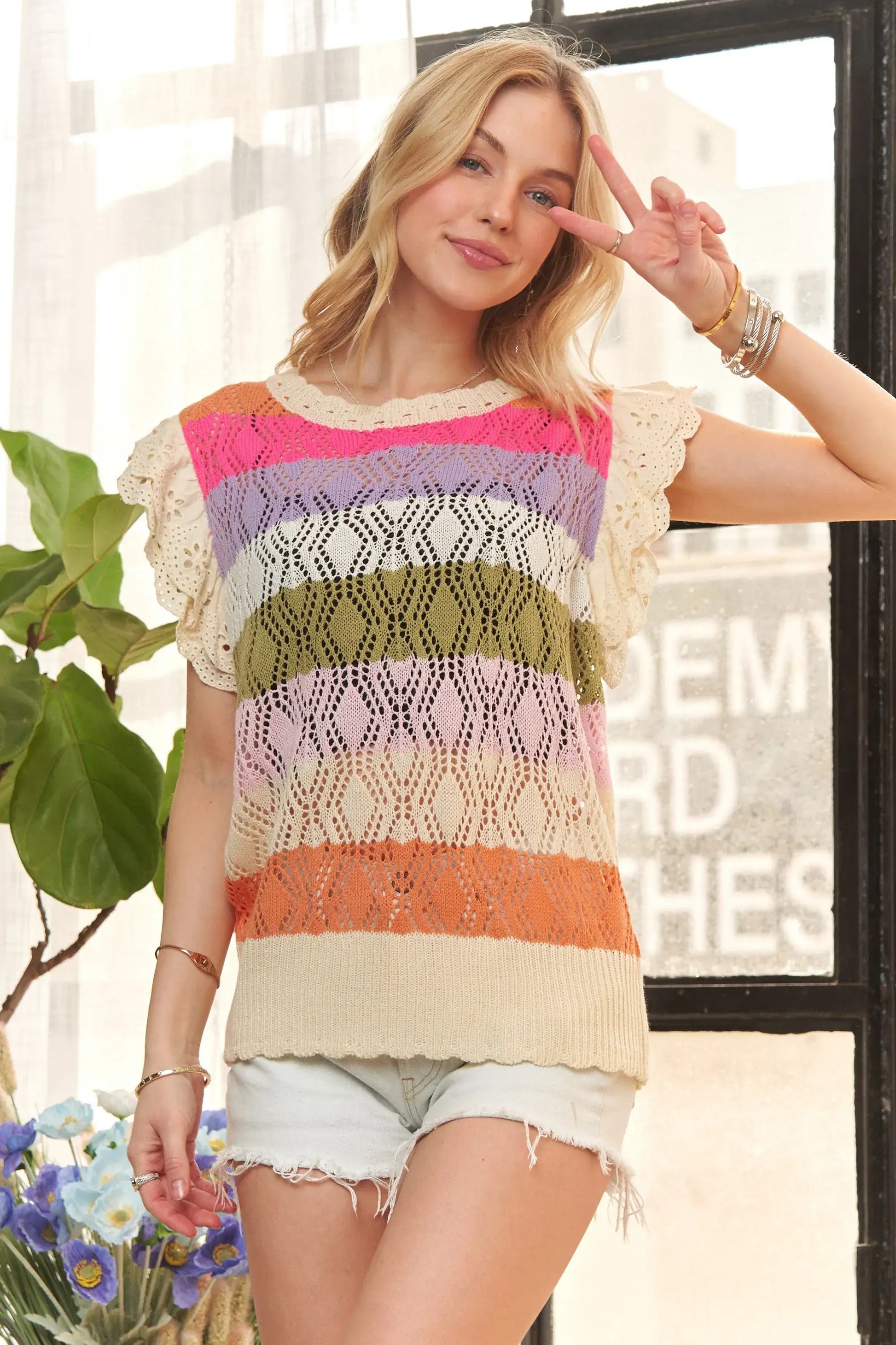 ADORA Eyelet Sleeve Multi Color Crochet Top