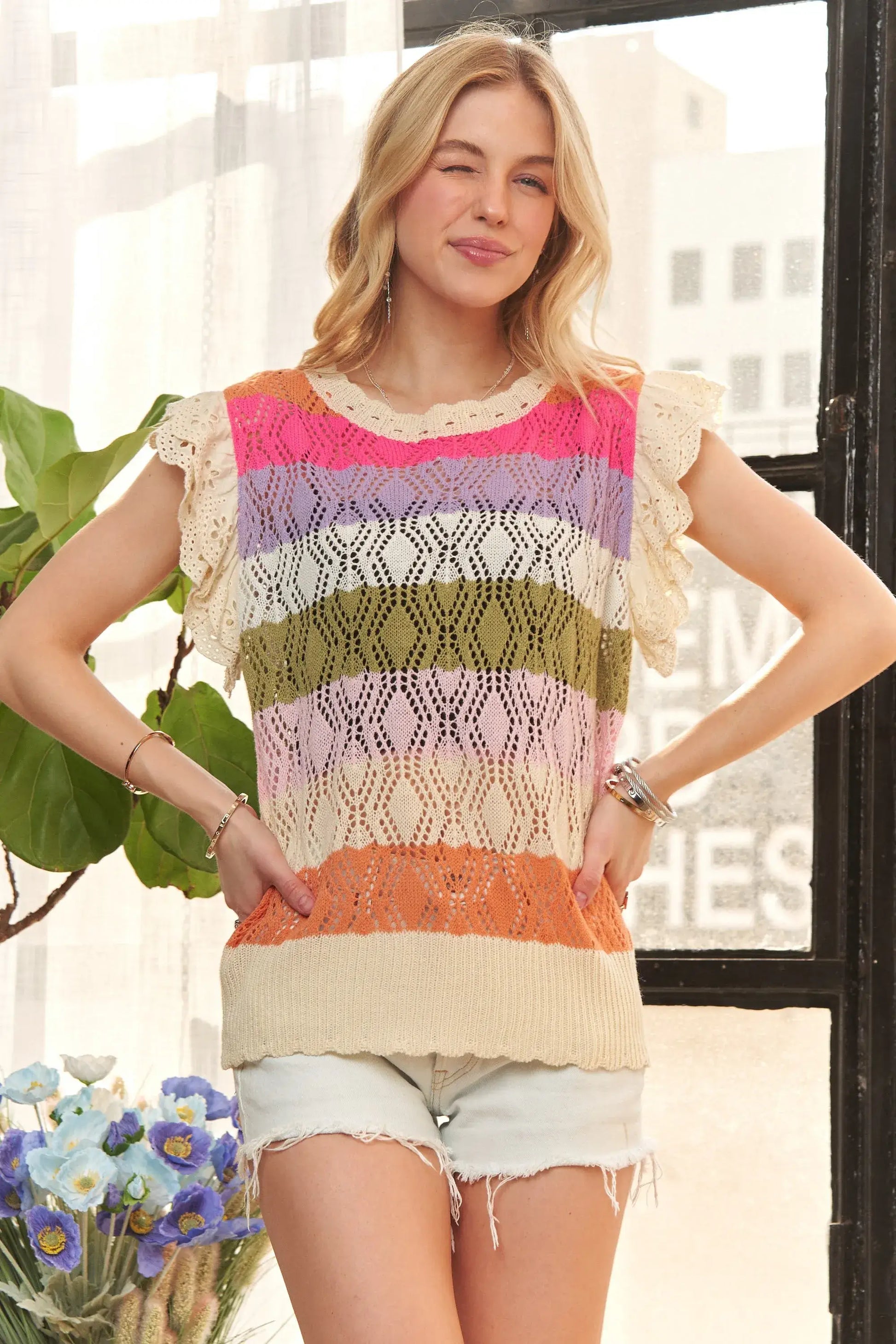 ADORA Eyelet Sleeve Multi Color Crochet Top