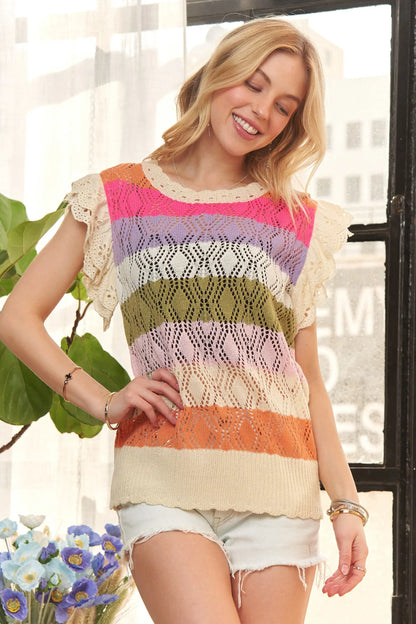 ADORA Eyelet Sleeve Multi Color Crochet Top