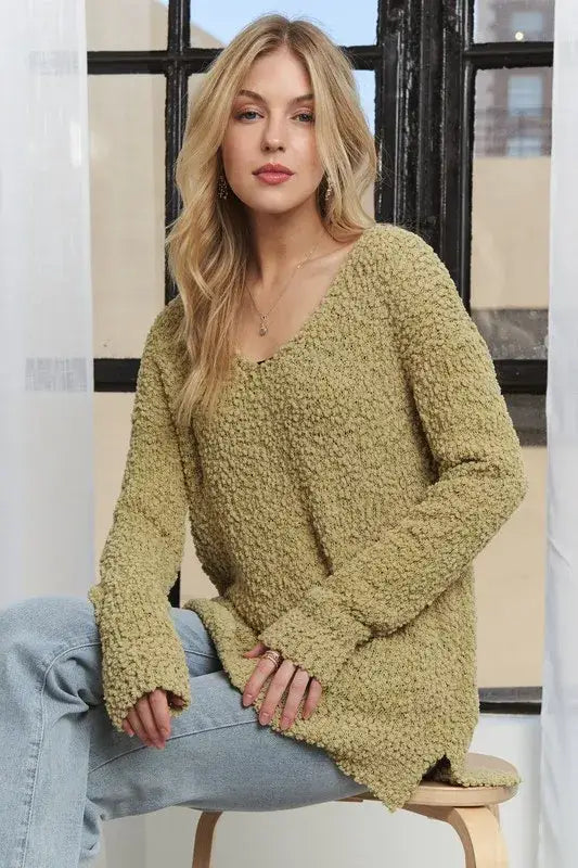 ADORA High-Low Side Slit V-Neck Sweater - Yellow-Green / S