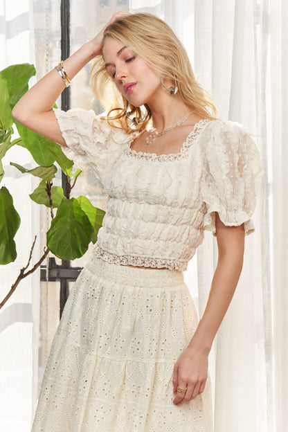 ADORA Lace Smocked Waist Peasant Top