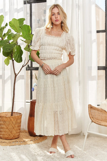 ADORA Lace Smocked Waist Peasant Top