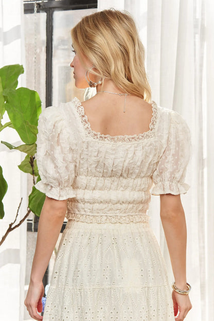 ADORA Lace Smocked Waist Peasant Top