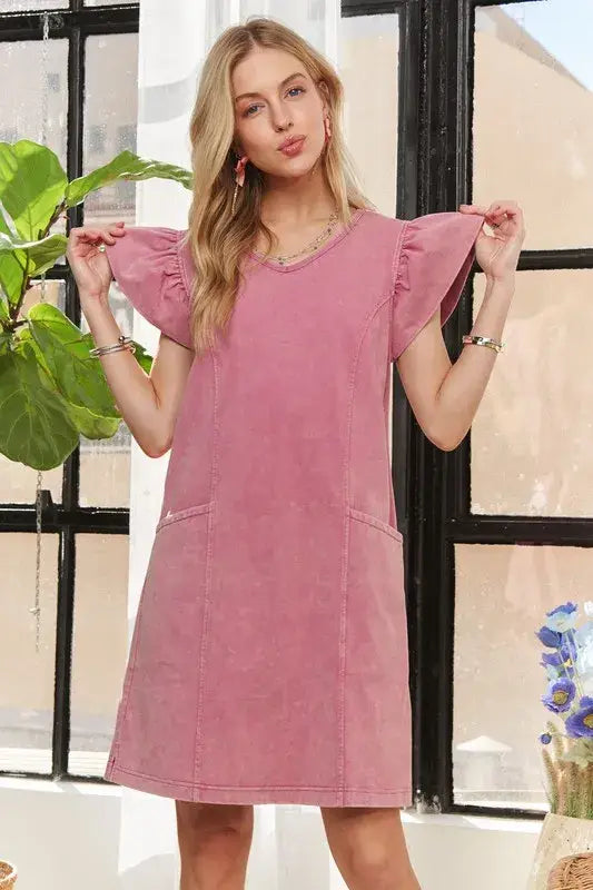 Woman wearing Dusty Rose ADORA Mineral Washed V-Neck Ruffled Cap Sleeve Dress