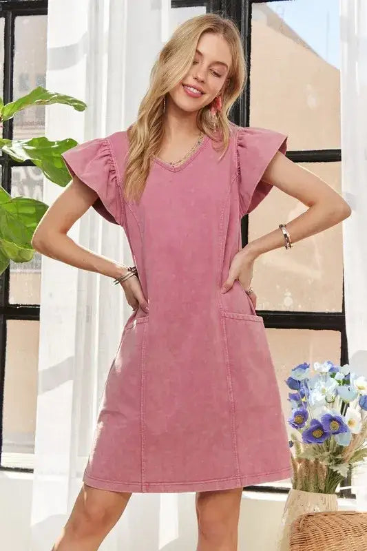 Woman modeling Dusty Rose ADORA Mineral Washed V-Neck Ruffled Cap Sleeve Dress