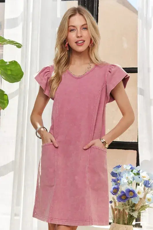 Women’s dusty rose cap sleeve dress with ruffled cap sleeves and front pockets