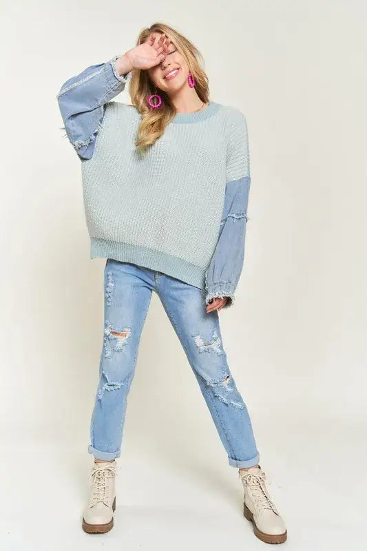 ADORA Plus Size Frayed Denim Sleeve Sweater Top