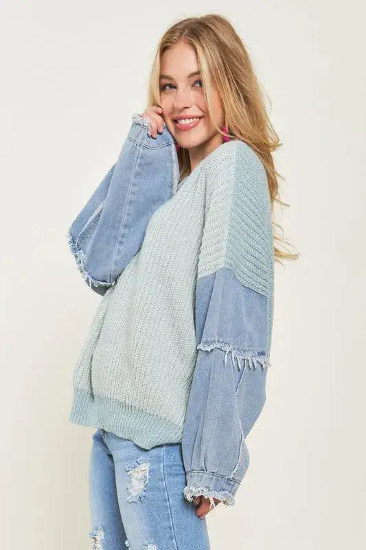 ADORA Plus Size Frayed Denim Sleeve Sweater Top