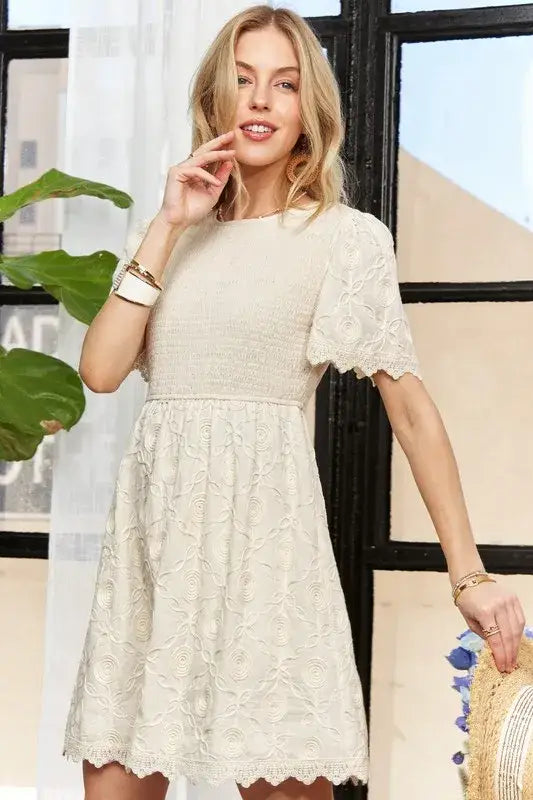 ADORA Rround Neck Crinkle Babydoll Dress - BEIGE / S