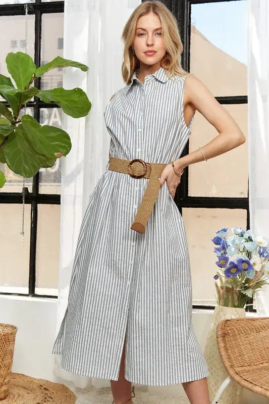 ADORA Striped Button Down Sleeveless Midi Dress with Straw Belt for stylish summer wear