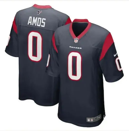 Dark blue Houston Texans Nike Game Jersey with red accents and Amos 0 on front and back