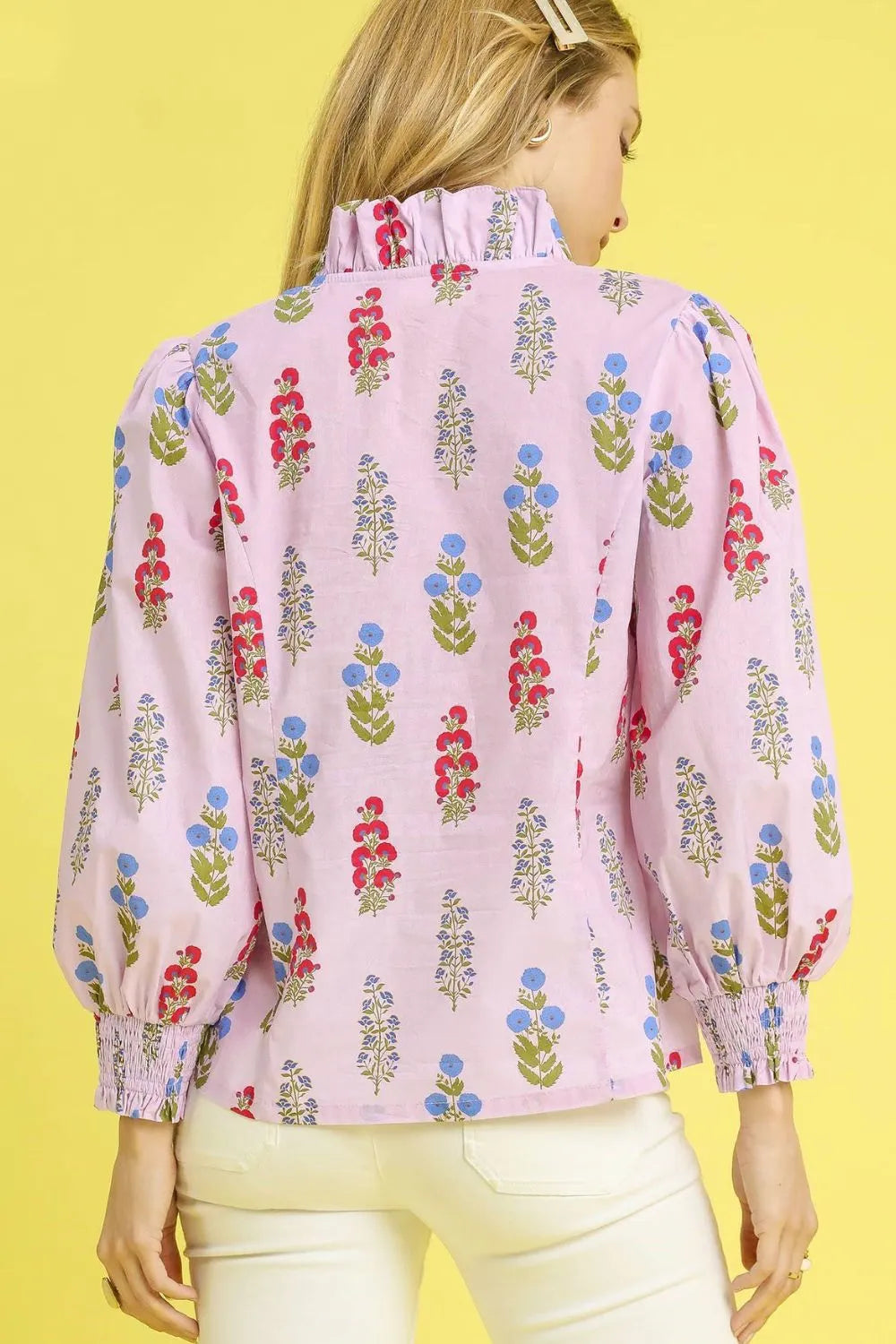 Umgee Floral Print Lantern Sleeve Button Down Shirt
