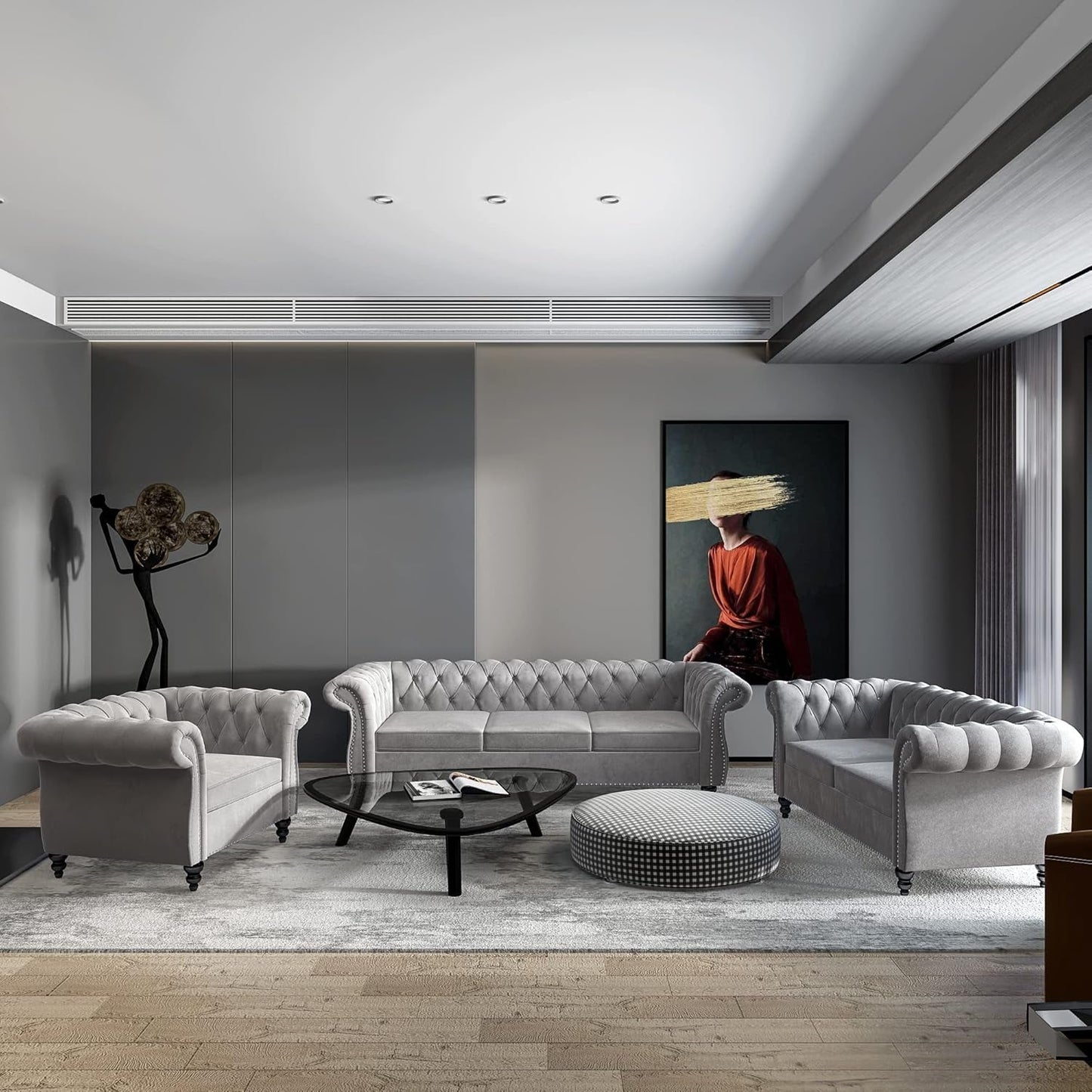 3-Piece Living Room Sectional Sofa Set, Upholstered Sofa Modern Sofa Couches Set Style Button Tufted, Velvet Chesterfield Sofa for Living Room Apartment, 1+2+3 Seat Grey-3