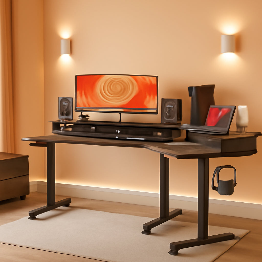 Triple Motor 63″ L Shaped Standing Desk with 3 Drawers, Electric, Black Frame/Black Walnut Top-0