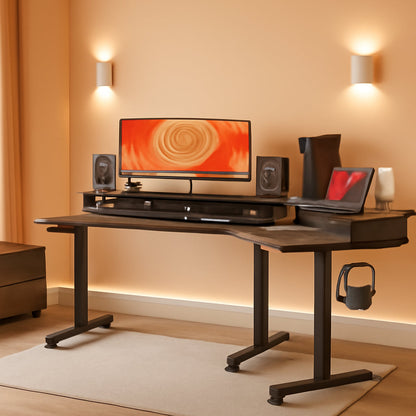 Triple Motor 63″ L Shaped Standing Desk with 3 Drawers, Electric, Black Frame/Black Walnut Top-0