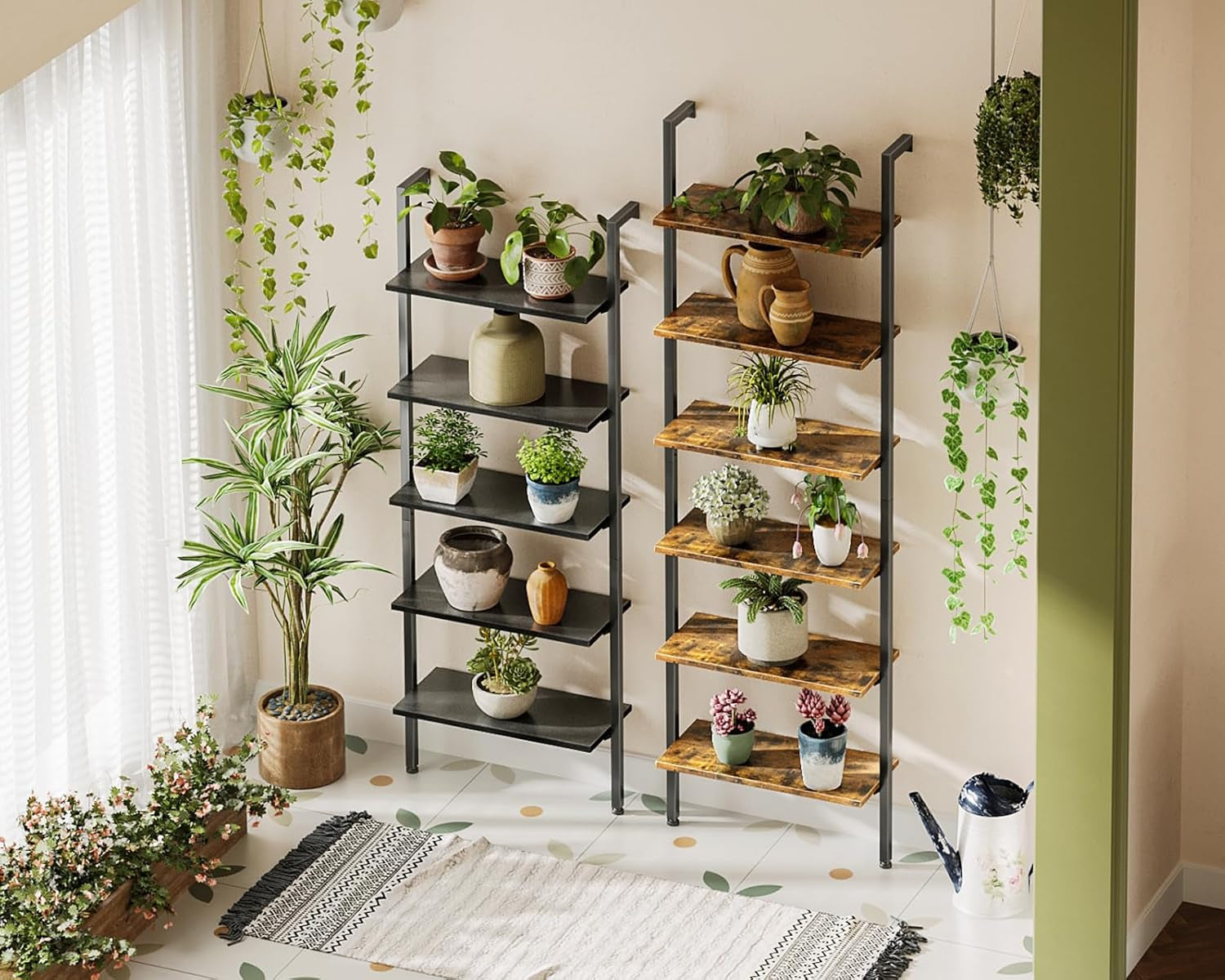 6-Tier Ladder Shelf, 87 Inches Wall Mounted Ladder Bookshelf with Metal Frame, Open Industrial Shelves for Home Office, Bedroom and Living Room, Rustic Brown-3