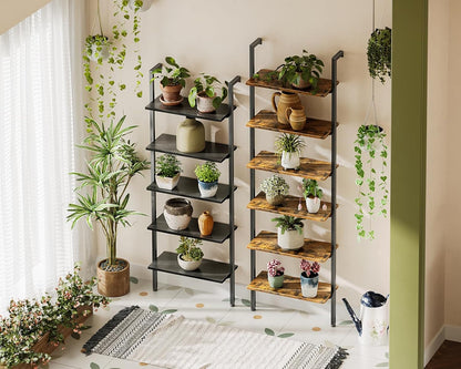 6-Tier Ladder Shelf, 87 Inches Wall Mounted Ladder Bookshelf with Metal Frame, Open Industrial Shelves for Home Office, Bedroom and Living Room, Rustic Brown-3