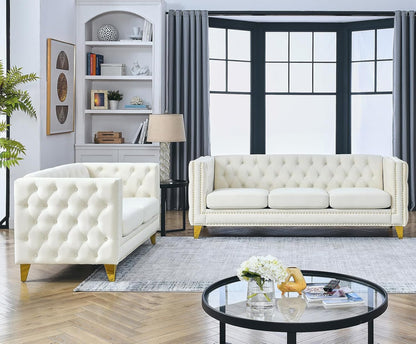 80-Inch Couches + 58-Inch Loveseat Sofa Set for Living Room, Modern Button Tufted Velvet Upholstered Sofa Couch with Square Armrests Inlaid with Gold Nail Heads and 4 Golden Metal Legs, Beige-4