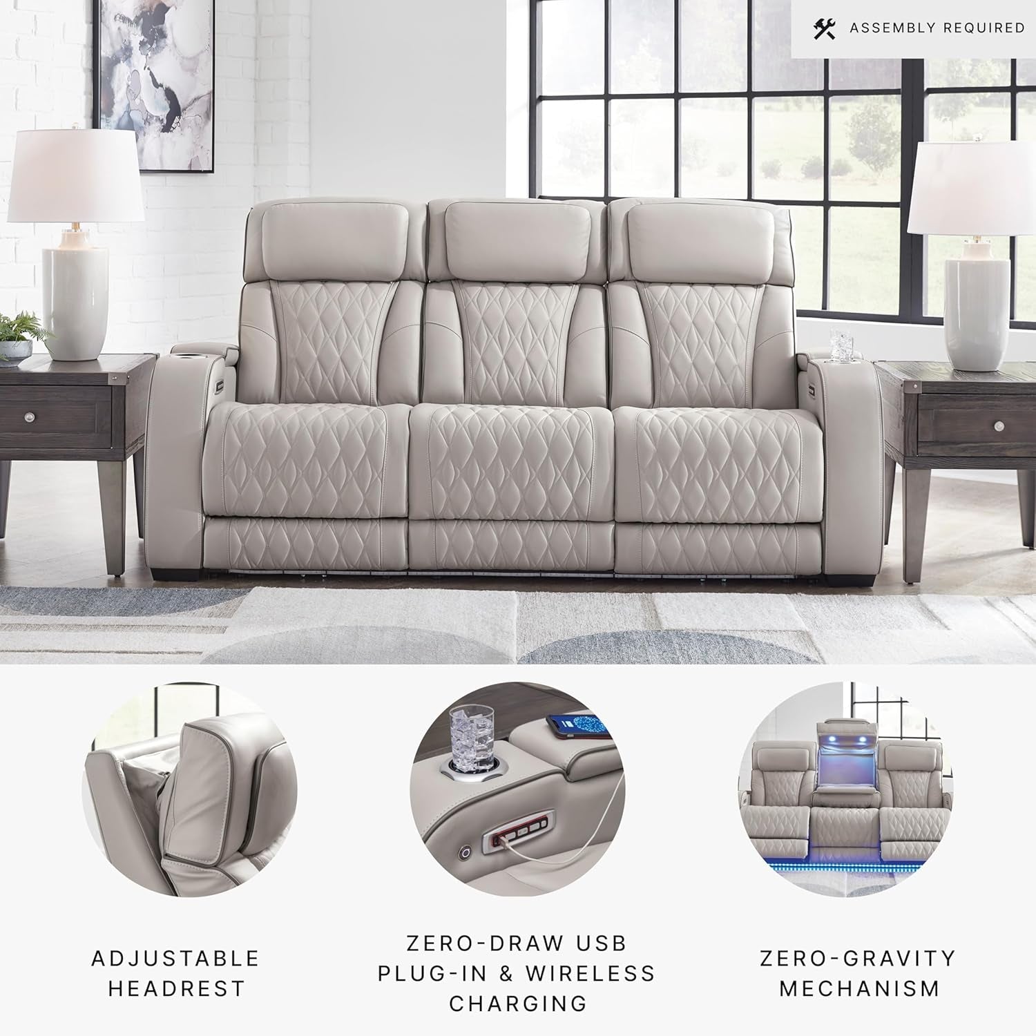 Boyington Contemporary Leather Match Power Reclining Sofa with USB Charging Ports, LED Lights and Adjustable Headrest, Light Gray-3