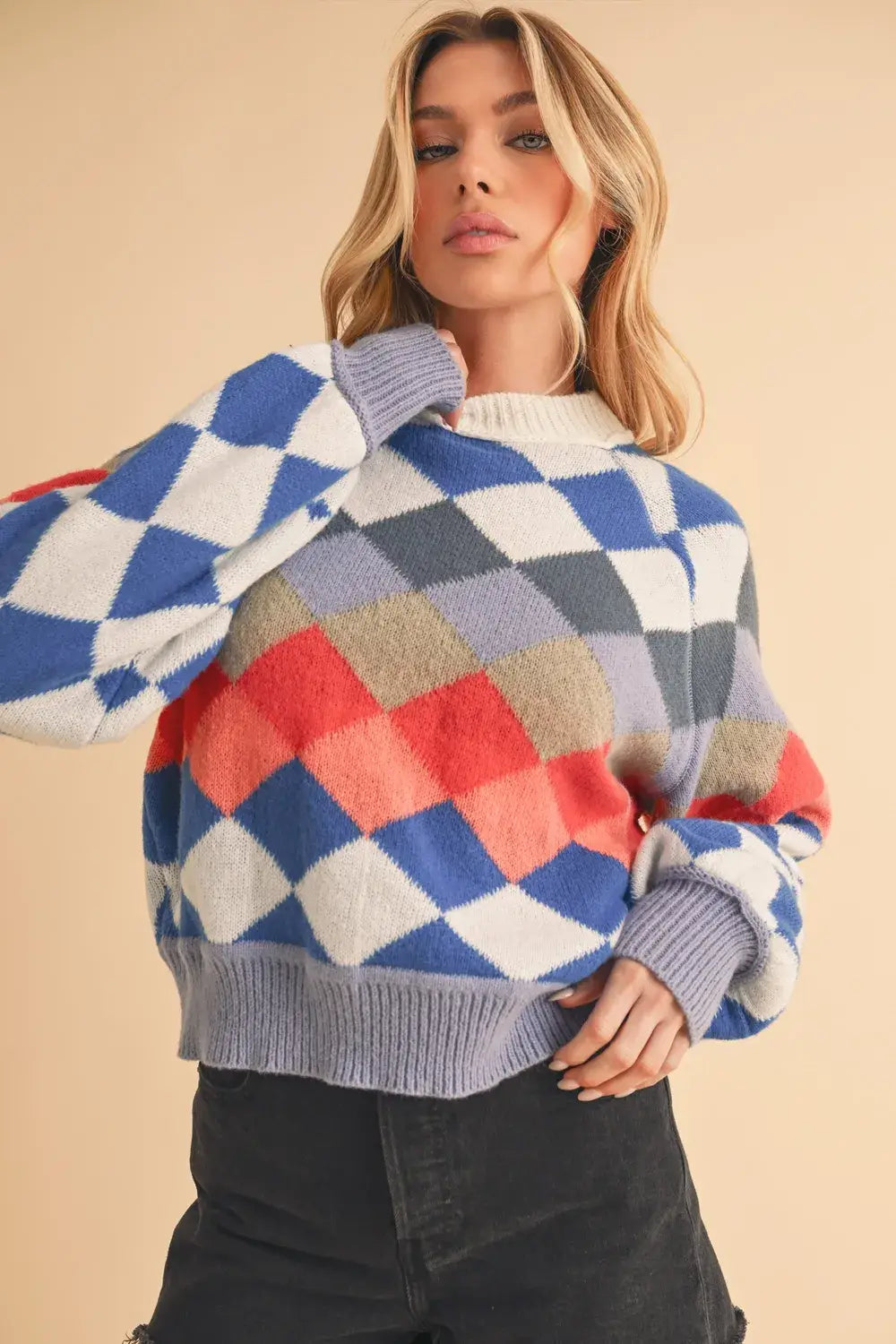 Aemi + Co Diamond Mock Neck Raglan Sleeve Sweater - Blue / S