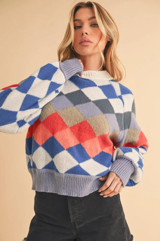 Aemi + Co Diamond Mock Neck Raglan Sleeve Sweater - Blue / S