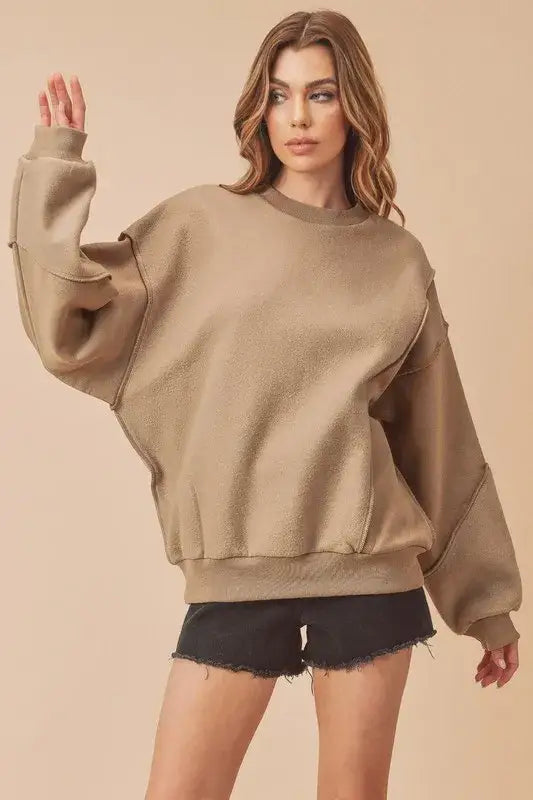 Aemi + Co Exposed Seam Round Neck Drop Shoulder Sweatshirt - Camel / S