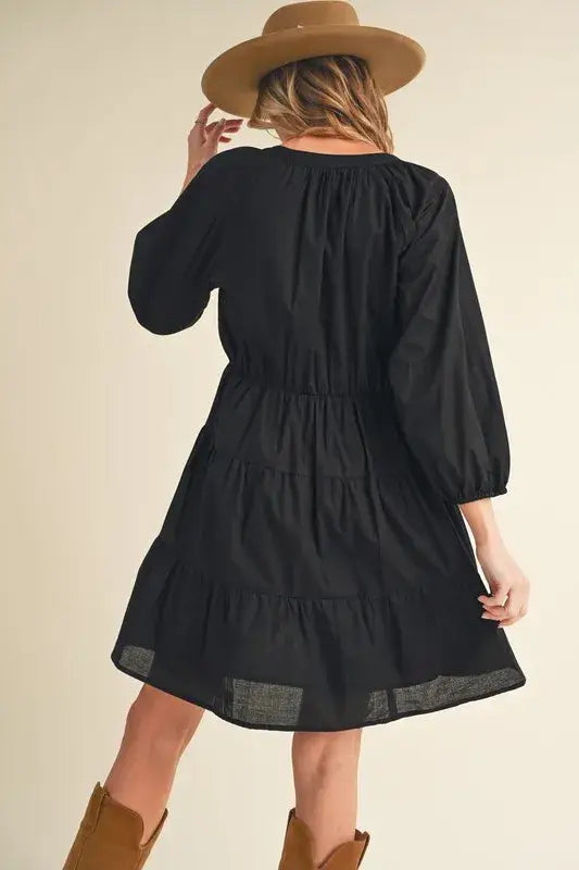 Aemi + Co Notched Balloon Sleeve Tiered Mini Dress