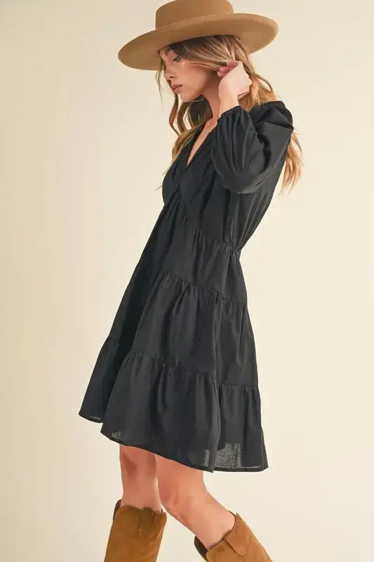 Aemi + Co Notched Balloon Sleeve Tiered Mini Dress