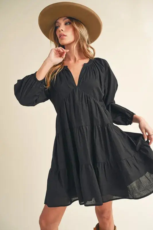 Aemi + Co Notched Balloon Sleeve Tiered Mini Dress - Black / S