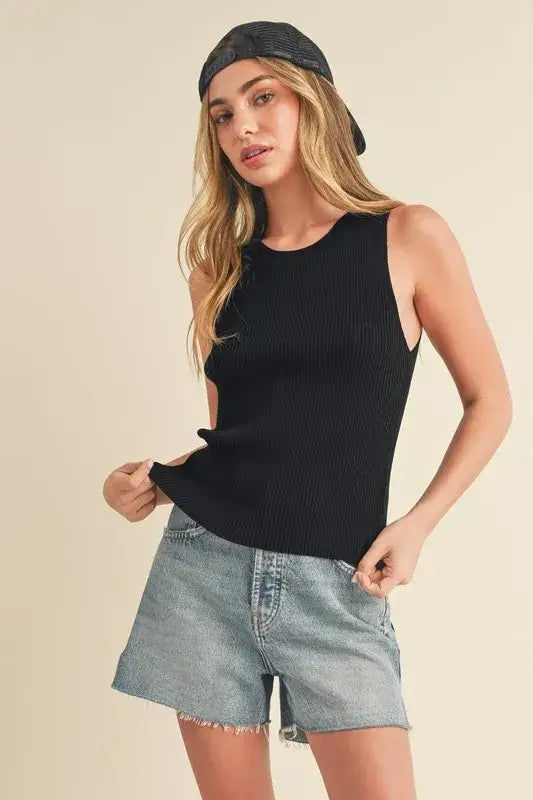 Aemi + Co Ribbed Round Neck Knit Tank - Black / S