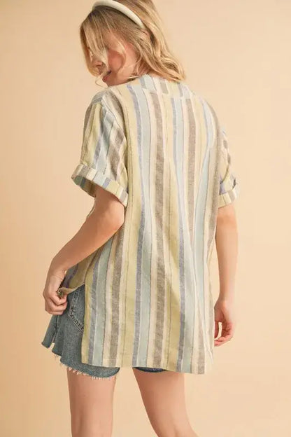 Aemi + Co Side Slit Striped Short Sleeve Blouse