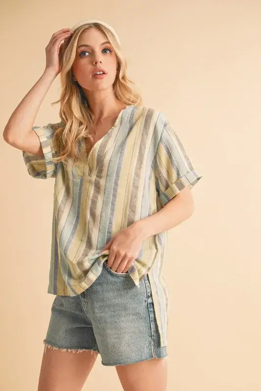 Aemi + Co Side Slit Striped Short Sleeve Blouse