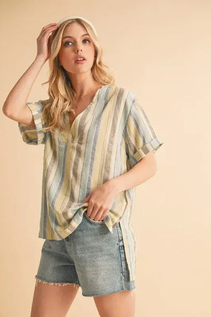 Aemi + Co Side Slit Striped Short Sleeve Blouse