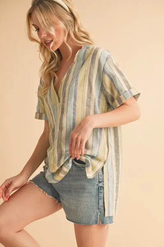 Aemi + Co Side Slit Striped Short Sleeve Blouse