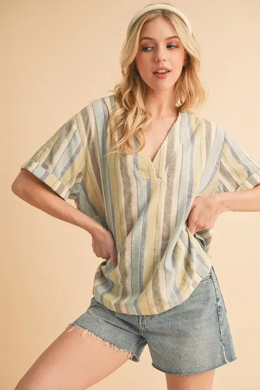 Aemi + Co Side Slit Striped Short Sleeve Blouse