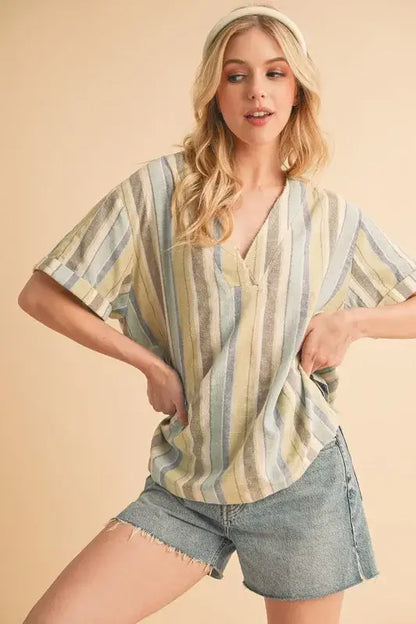 Aemi + Co Side Slit Striped Short Sleeve Blouse