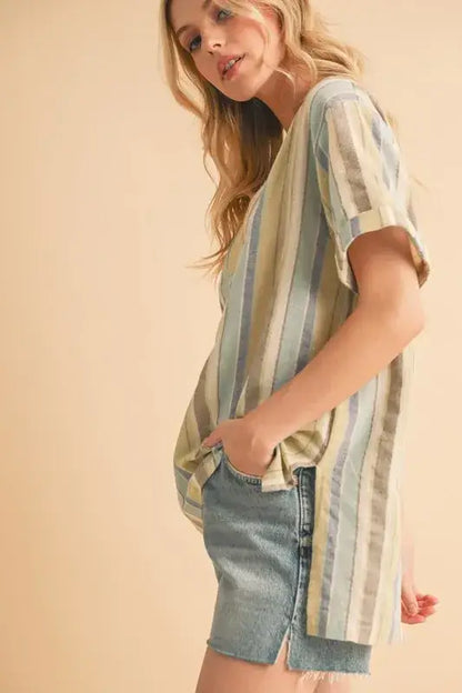 Aemi + Co Side Slit Striped Short Sleeve Blouse