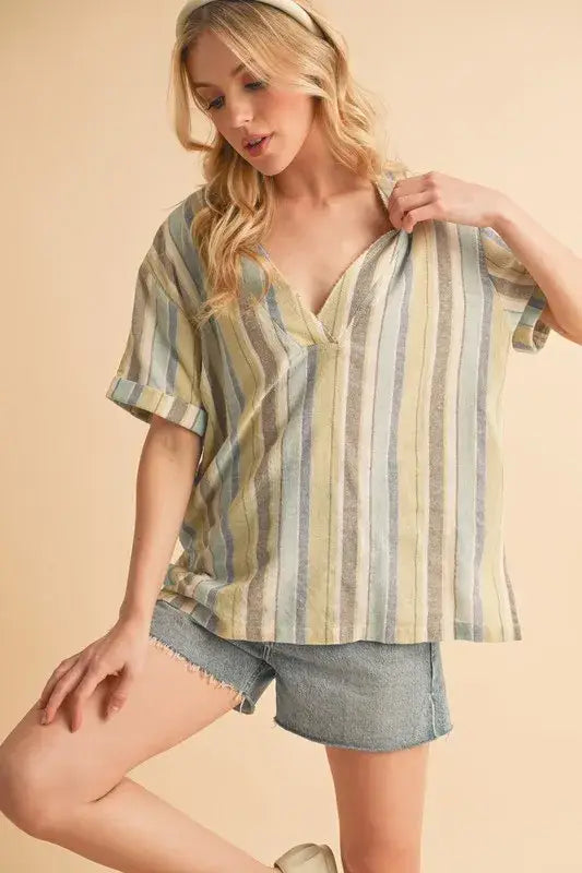 Aemi + Co Side Slit Striped Short Sleeve Blouse