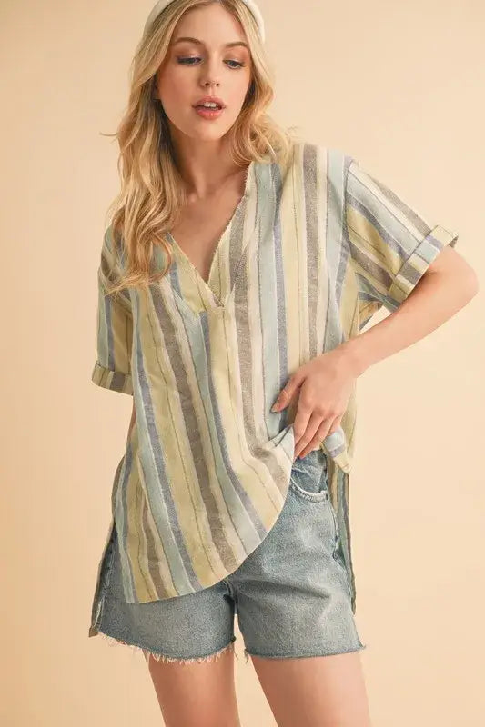 Aemi + Co Side Slit Striped Short Sleeve Blouse - BLUE GREEN / S