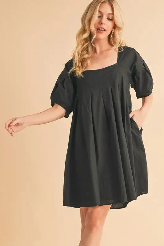 Aemi + Co Square Neck Babydoll Dress with Pockets - BLACK / S