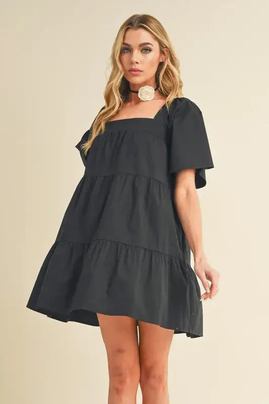 Aemi + Co Square Neck Half Sleeve Tiered Dress - Black / S