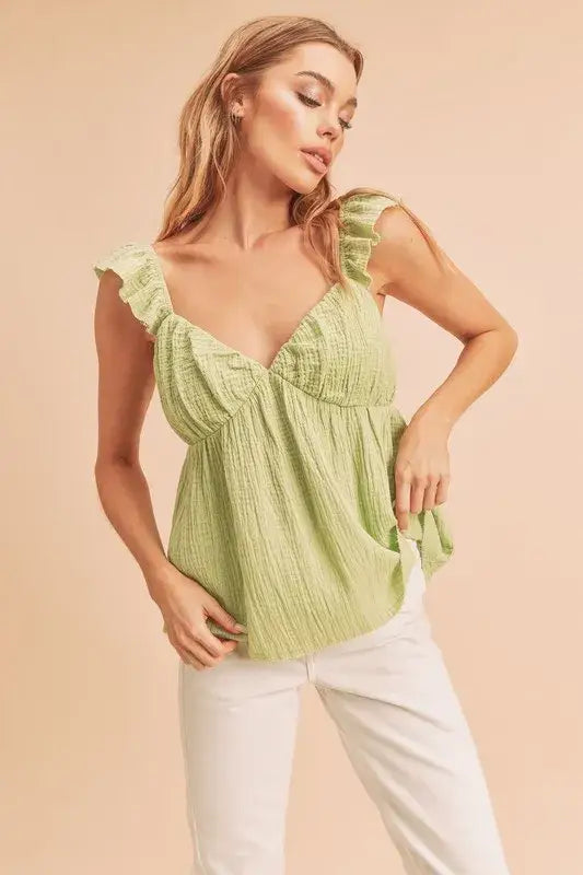Aemi + Co Sweetheart Neck Ruffled Strap Top - Yellow-Green / S