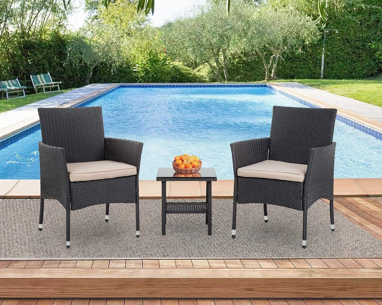 Patio Furniture Set Outdoor Furniture Wicker Bistro Rattan Chair Conversation Sets with Coffee Table for Yard Backyard Lawn Porch Poolside Balcony,Black and Beige-4