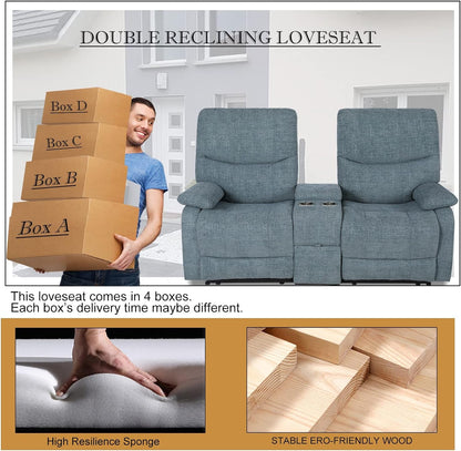 Double Reclining Loveseat - Fabric Home Theater Seating with Console - 2 Seater Manual Reclining Couch for Living Room, Office (Fabric- Blue)-3