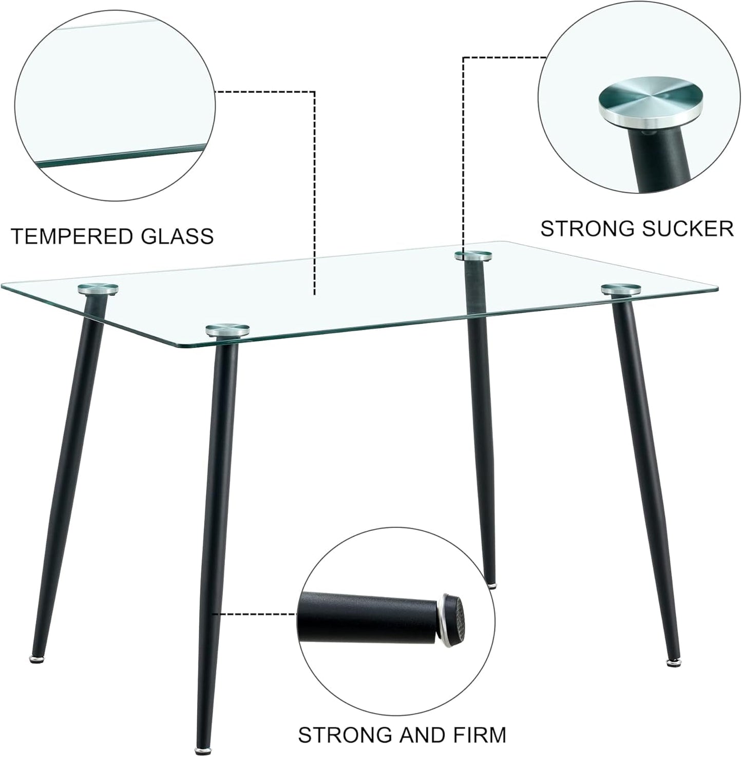 51 Inch Glass Dining Table for 4, Rectangular Glass Dining Room Table with Clear Tempered Glass Tabletop, Glass Kitchen Table with Black Metal Legs for Dining Room Living Room-3