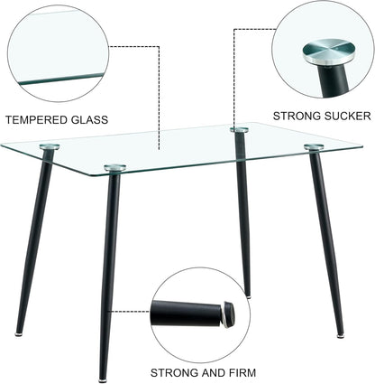 51 Inch Glass Dining Table for 4, Rectangular Glass Dining Room Table with Clear Tempered Glass Tabletop, Glass Kitchen Table with Black Metal Legs for Dining Room Living Room-3