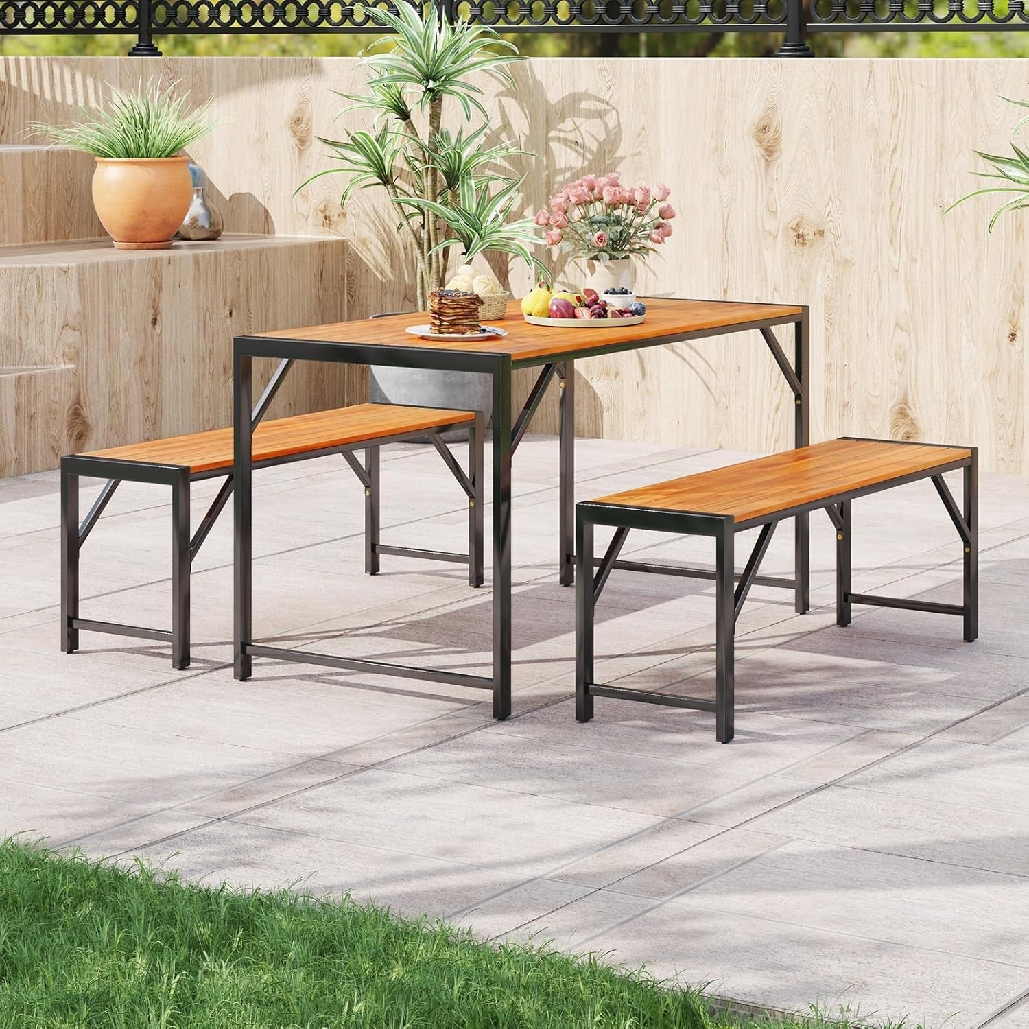 3 Pieces Patio Dining Set for 6 People, Outdoor Picnic Table & 2 Benches, 53” Acacia Wood Dining Table W/Metal Frame, Space-Saving Dinette Set for Garden Porch Poolside Yard Balcony-2