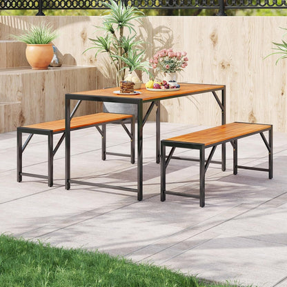 3 Pieces Patio Dining Set for 6 People, Outdoor Picnic Table & 2 Benches, 53” Acacia Wood Dining Table W/Metal Frame, Space-Saving Dinette Set for Garden Porch Poolside Yard Balcony-2